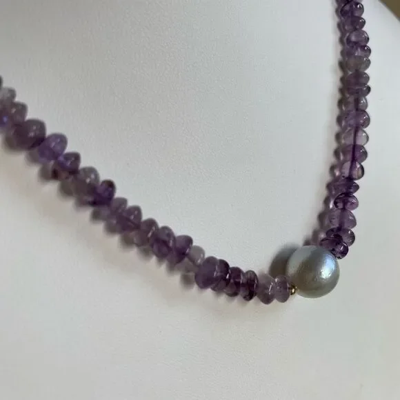 14k Amethyst Bead Necklace with Pearl - Picture 4 of 12